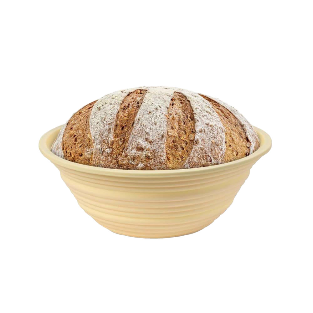 Round proofing basket with concentric ridges, supporting bread dough rising, made of silicone with steel rim for durability, ideal for Kitchen & Food and Baking Supplies collections.