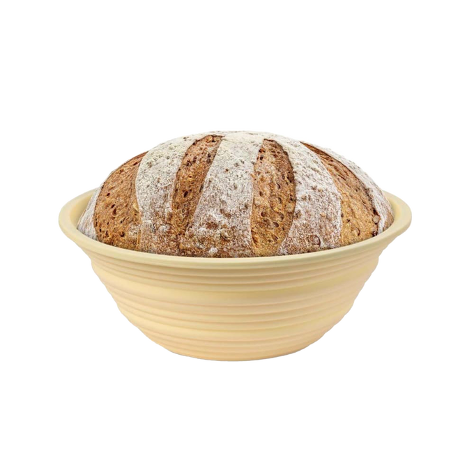 Round proofing basket with concentric ridges, supporting bread dough rising, made of silicone with steel rim for durability, ideal for Kitchen & Food and Baking Supplies collections.