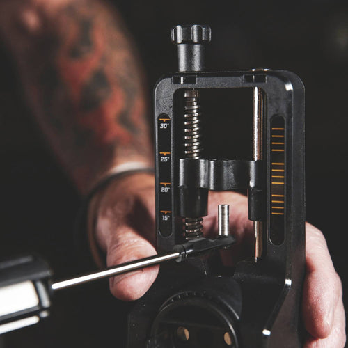 Close-up of adjustable angle sharpening system with black metal frame and precision gauge from 15° to 30°, featured in Farm, Garden & Tool, Kitchen & Food, Sharpening, and Hand Tools collections.