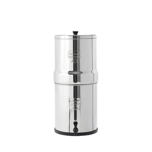 Stainless steel water filtration system with two chambers, featuring black ceramic filter elements, compact design ideal for homesteading and water treatment collections.