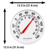 White circular outdoor thermometer with large black numbers and red needle, 12.5-inch diameter, water-resistant design suitable for garden and farm use, featured in Best Sellers and Garden Accessories.