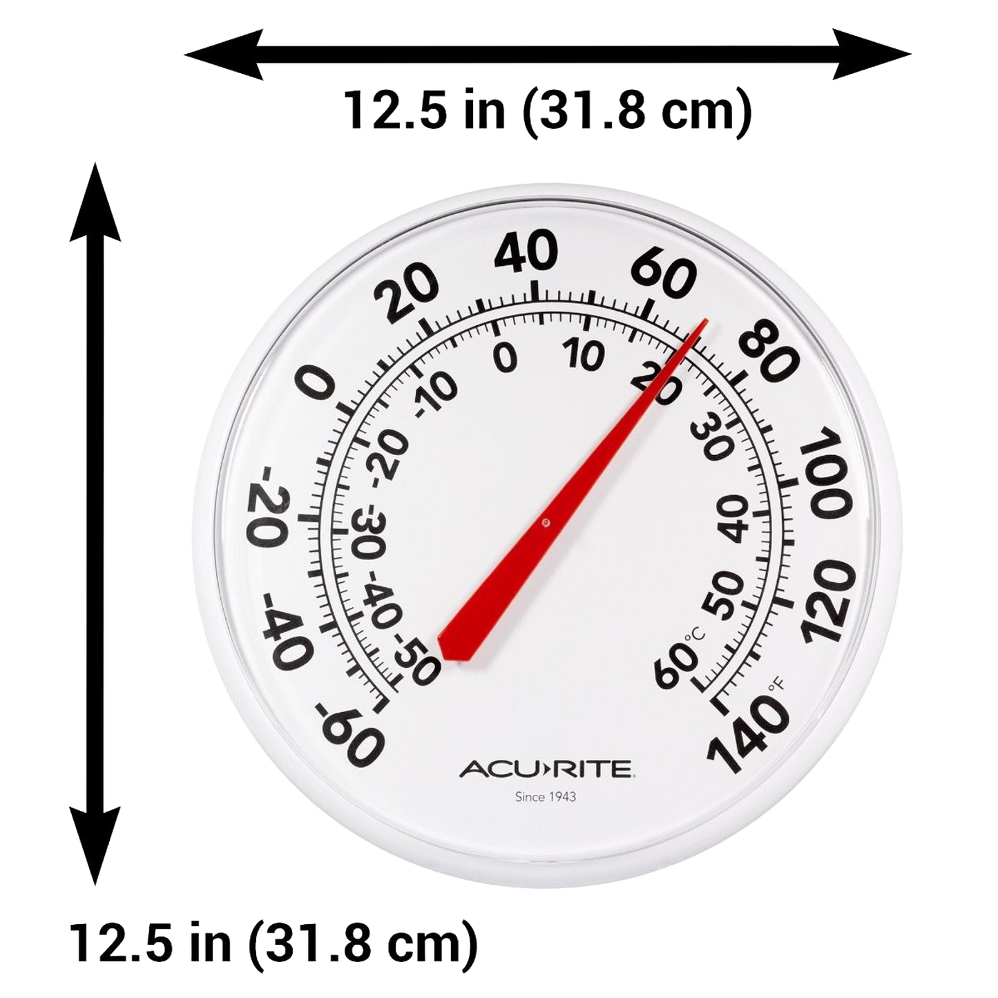 White circular outdoor thermometer with large black numbers and red needle, 12.5-inch diameter, water-resistant design suitable for garden and farm use, featured in Best Sellers and Garden Accessories.