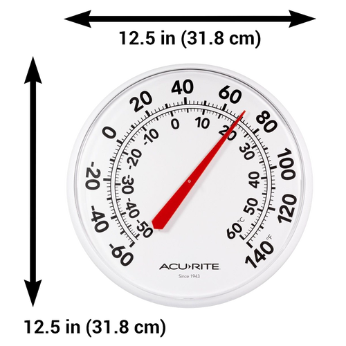 White circular outdoor thermometer with large black numbers and red needle, 12.5-inch diameter, water-resistant design suitable for garden and farm use, featured in Best Sellers and Garden Accessories.