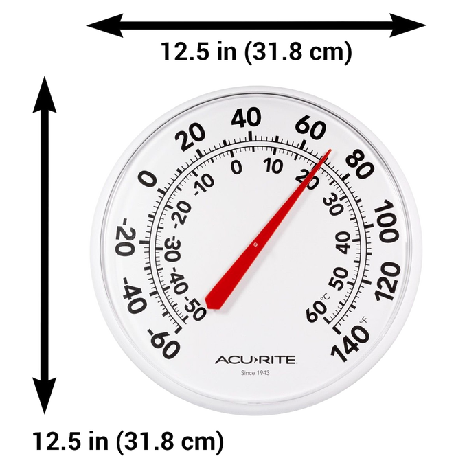 White circular outdoor thermometer with large black numbers and red needle, 12.5-inch diameter, water-resistant design suitable for garden and farm use, featured in Best Sellers and Garden Accessories.
