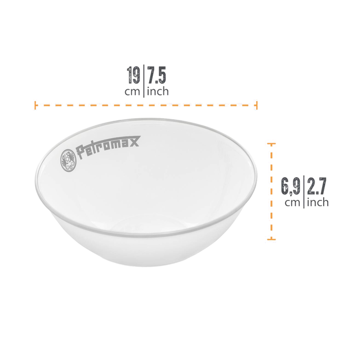White enamel bowl with gray rim and Petromax logo, designed for corrosion, heat, and scratch resistance, perfect for Farm, Garden & Tool, Kitchen & Food, Camping, Dinnerware, Best Sellers, and Promo Eligible collections.