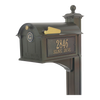 Handcrafted bronze and gold mailbox with personalized monogram and street address on matching post, enhancing curb appeal in Home & Decor and USA Made collections.