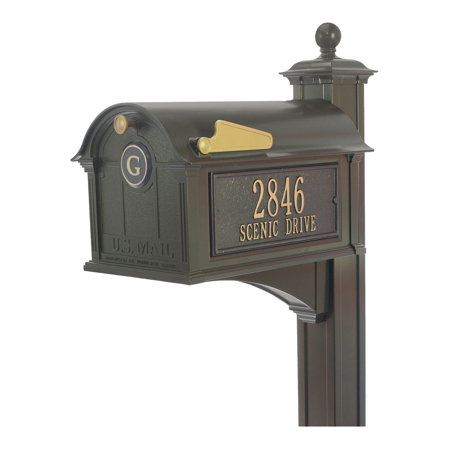 Handcrafted bronze and gold mailbox with personalized monogram and street address on matching post, enhancing curb appeal in Home & Decor and USA Made collections.