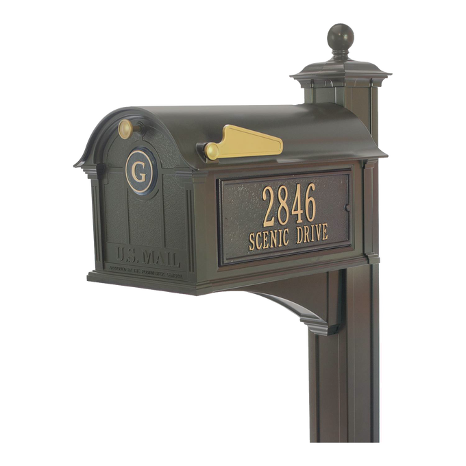 Handcrafted bronze and gold mailbox with personalized monogram and street address on matching post, enhancing curb appeal in Home & Decor and USA Made collections.