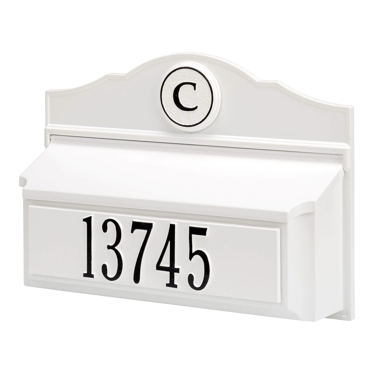 White and black handcrafted wall mount mailbox made in USA, personalized with house number and monogram, enhancing curb appeal in Home & Decor and Mailboxes collections.