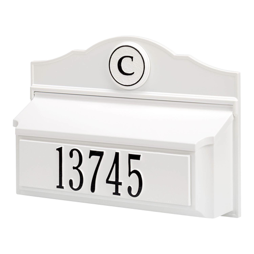 White and black handcrafted wall mount mailbox made in USA, personalized with house number and monogram, enhancing curb appeal in Home & Decor and Mailboxes collections.