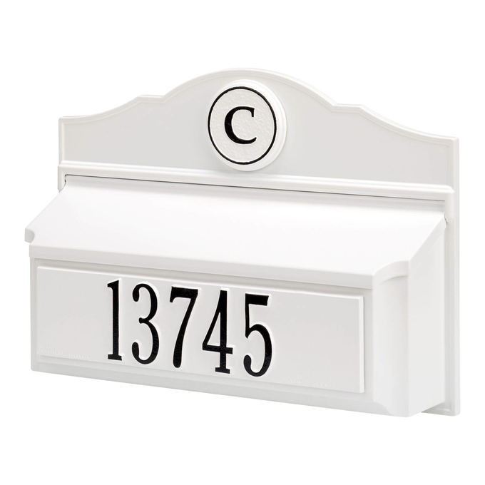 White and black handcrafted wall mount mailbox made in USA, personalized with house number and monogram, enhancing curb appeal in Home & Decor and Mailboxes collections.