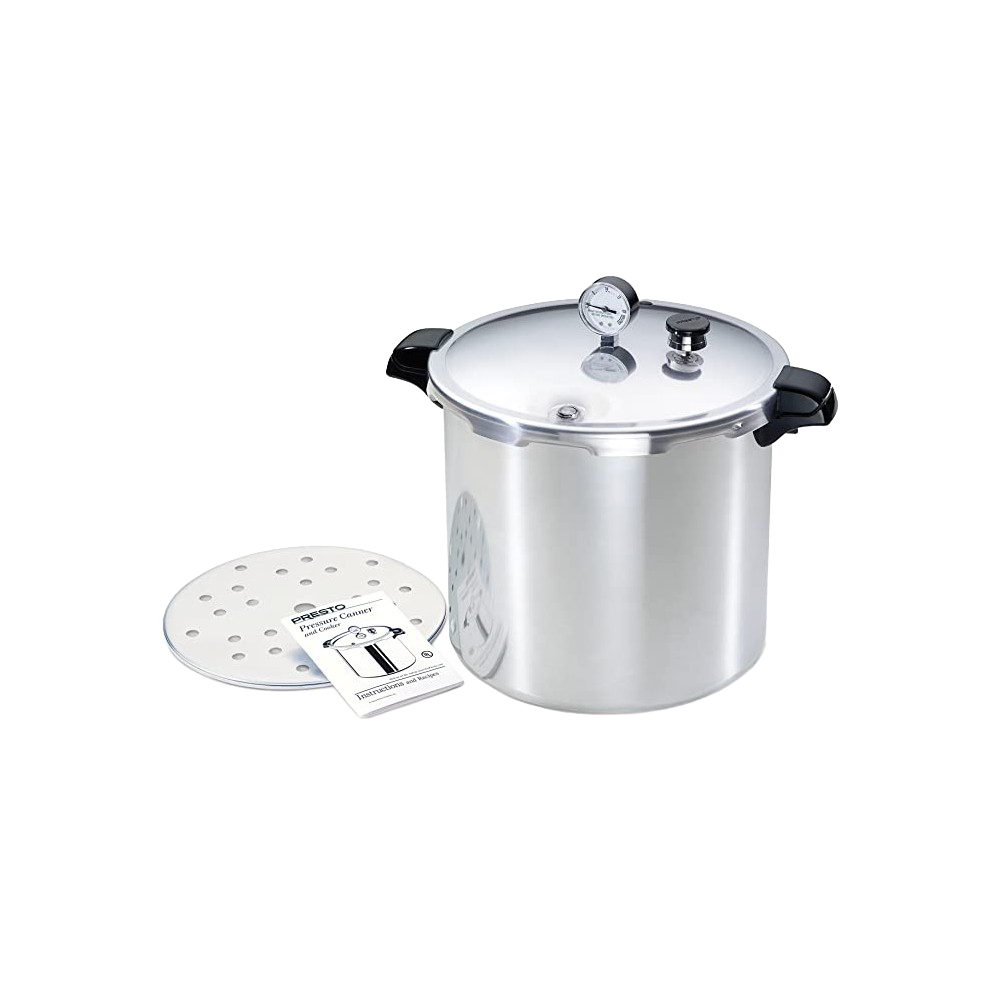 Large aluminum pressure canner with locking lid, pressure gauge, and black handles, shown with perforated rack and instruction manual, ideal for Kitchen & Food, Food Preservation, Canning, and Best Sellers collections.