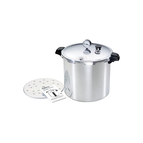 Large aluminum pressure canner with locking lid, pressure gauge, and black handles, shown with perforated rack and instruction manual, ideal for Kitchen & Food, Food Preservation, Canning, and Best Sellers collections.