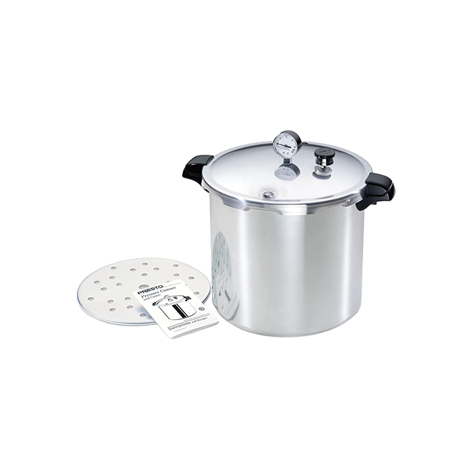 Large aluminum pressure canner with locking lid, pressure gauge, and black handles, shown with perforated rack and instruction manual, ideal for Kitchen & Food, Food Preservation, Canning, and Best Sellers collections.