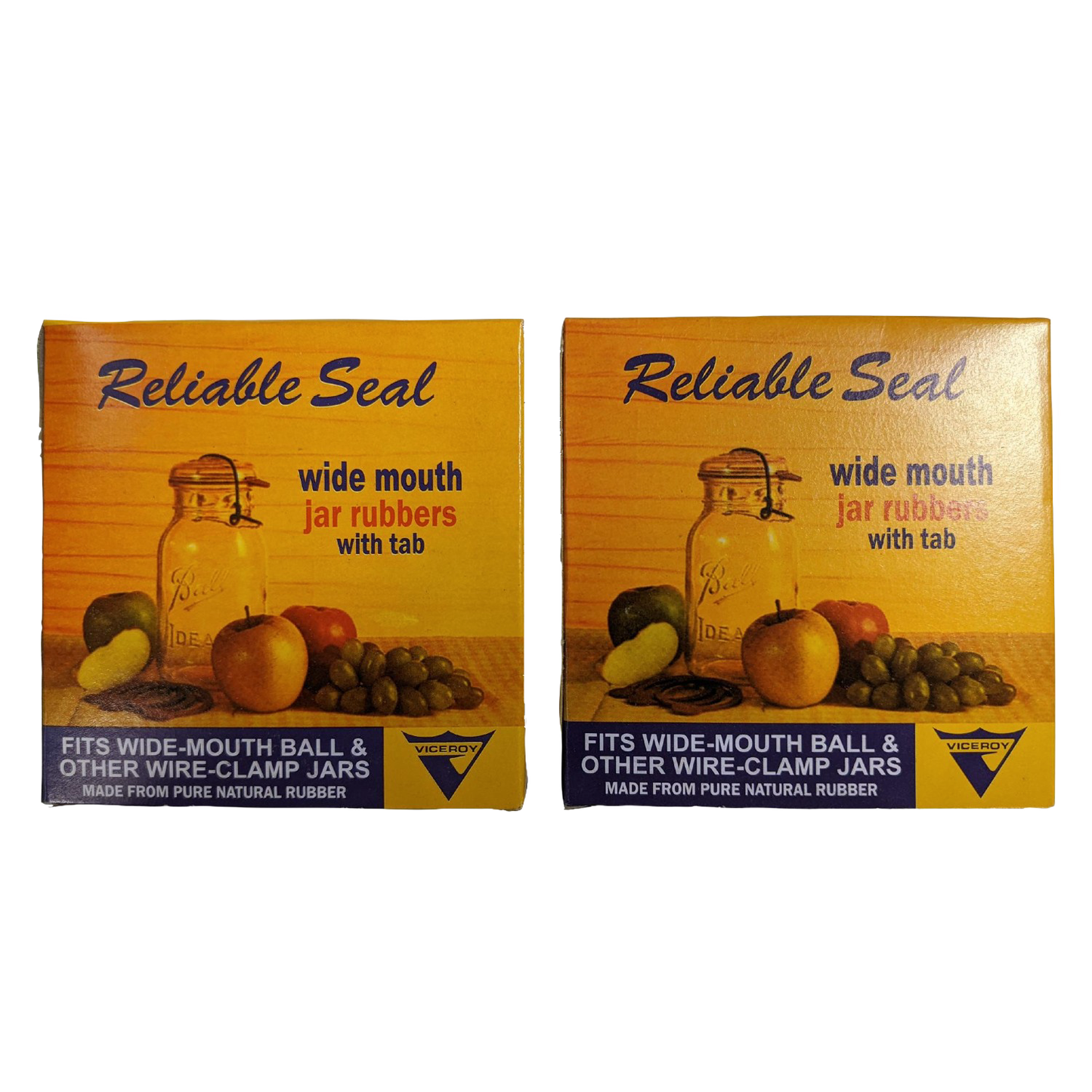 Two boxes of wide-mouth jar rubbers made from pure natural rubber, compatible with Ball and wire-clamp jars, featured in Kitchen & Food, Food Preservation, and Canning collections.