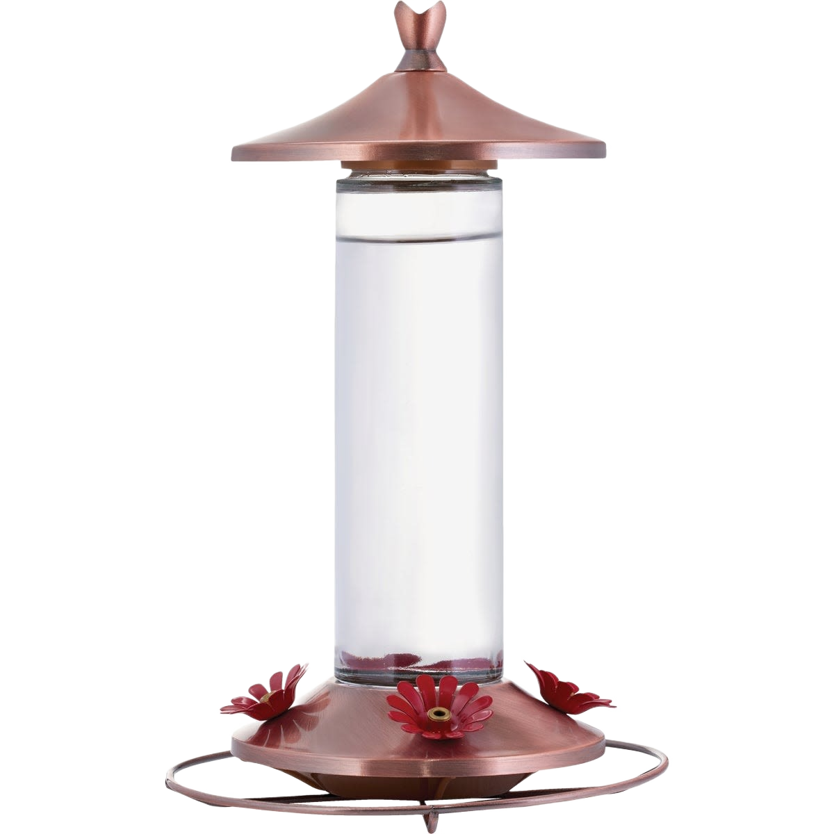 Clear glass hummingbird feeder featuring a brushed copper base with four flower-shaped feeding ports and a matching copper hanger, suitable for Farm, Garden & Tool and Animal Care collections.