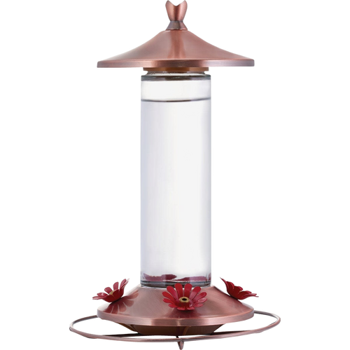 Clear glass hummingbird feeder featuring a brushed copper base with four flower-shaped feeding ports and a matching copper hanger, suitable for Farm, Garden & Tool and Animal Care collections.