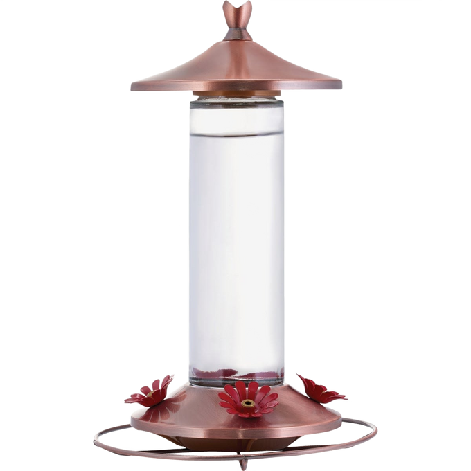 Clear glass hummingbird feeder featuring a brushed copper base with four flower-shaped feeding ports and a matching copper hanger, suitable for Farm, Garden & Tool and Animal Care collections.