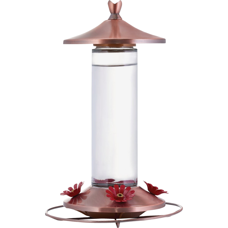 Clear glass hummingbird feeder featuring a brushed copper base with four flower-shaped feeding ports and a matching copper hanger, suitable for Farm, Garden & Tool and Animal Care collections.