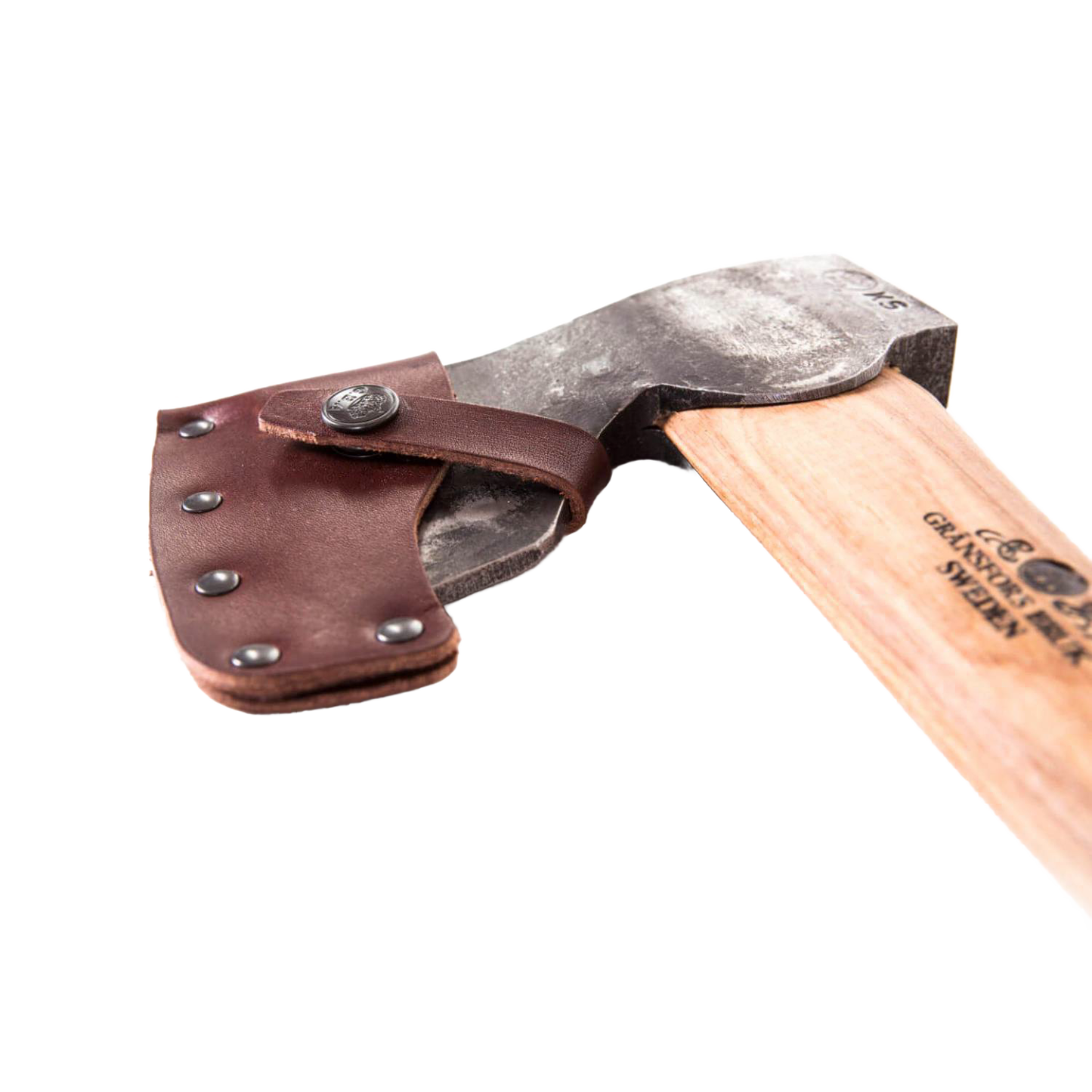 Handcrafted carpenter’s axe with a forged steel head featuring a straight edge and a natural wood handle, including a protective leather sheath, ideal for Farm, Garden & Tool and Axes collections.