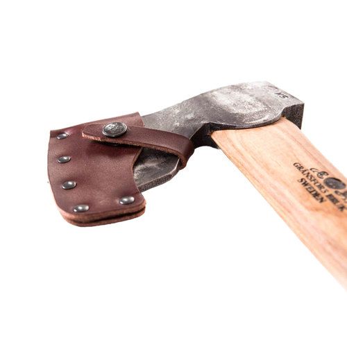Handcrafted carpenter’s axe with a forged steel head featuring a straight edge and a natural wood handle, including a protective leather sheath, ideal for Farm, Garden & Tool and Axes collections.