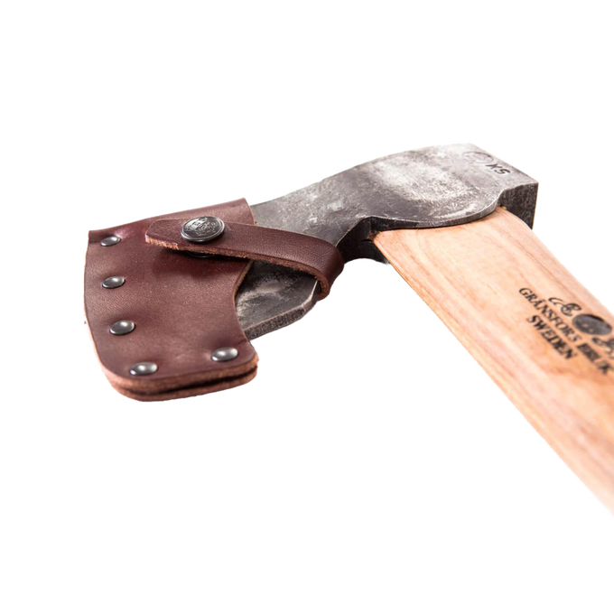 Handcrafted carpenter’s axe with a forged steel head featuring a straight edge and a natural wood handle, including a protective leather sheath, ideal for Farm, Garden & Tool and Axes collections.