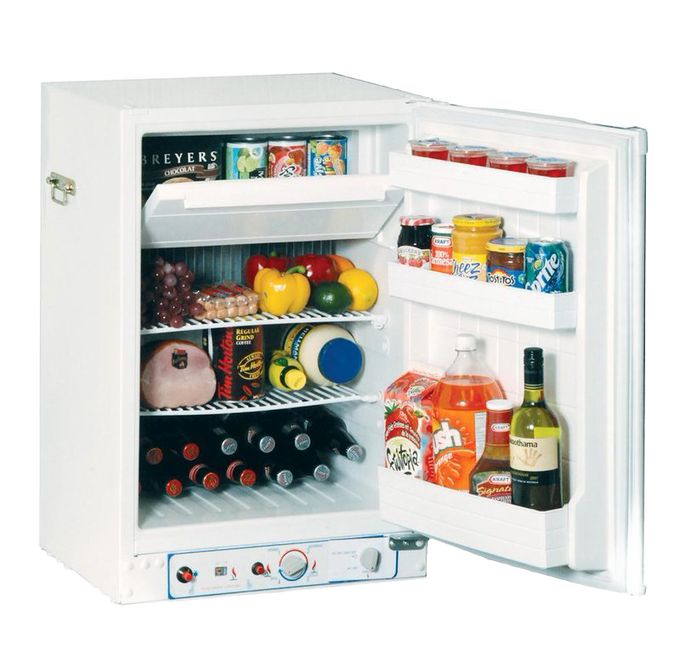 Compact handcrafted white portable gas refrigerator with 3-way propane, 12V, and 110V operation, stocked with beverages and food for Farm, Garden & Tool, Appliances, and Emergency Supplies collections.