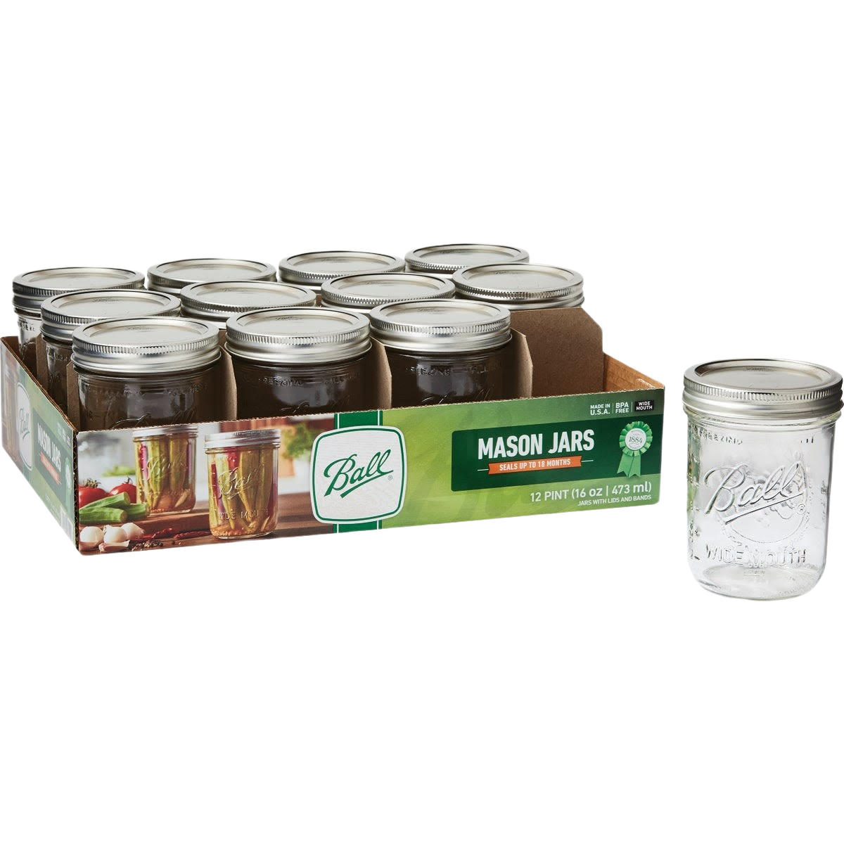 Pack of twelve clear glass wide-mouth pint jars with metal lids and bands, handcrafted and made in USA, ideal for Kitchen & Food, Food Preservation, and Canning collections.