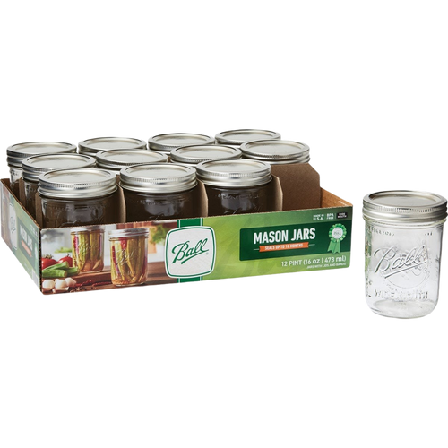 Pack of twelve clear glass wide-mouth pint jars with metal lids and bands, handcrafted and made in USA, ideal for Kitchen & Food, Food Preservation, and Canning collections.
