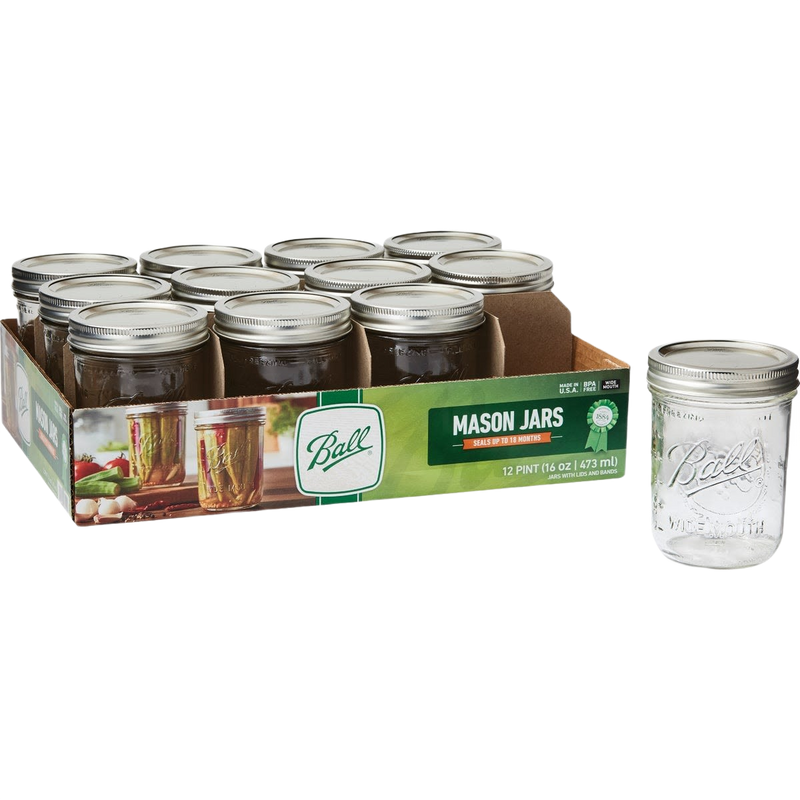 Pack of twelve clear glass wide-mouth pint jars with metal lids and bands, handcrafted and made in USA, ideal for Kitchen & Food, Food Preservation, and Canning collections.