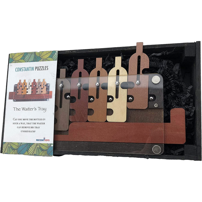 Handcrafted wooden puzzle featuring six interlocking bottle shapes in varied natural tones on a tray, designed as a challenging brainteaser in Toys, Books & Games and Puzzles collections.