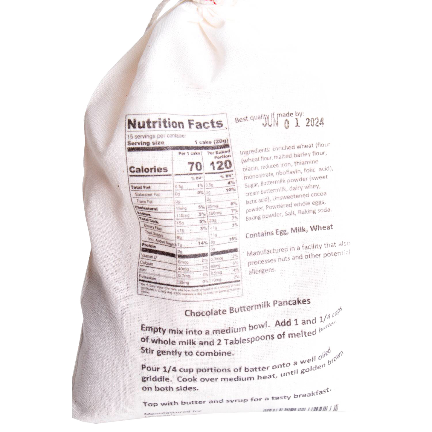 Natural fabric drawstring bag of Lehman’s handcrafted pancake mix in chocolate buttermilk flavor, featuring detailed nutrition facts and preparation instructions, ideal for Kitchen & Food, Pantry, Dry Goods and Mixes, Best Sellers, and Promo Eligible collections.