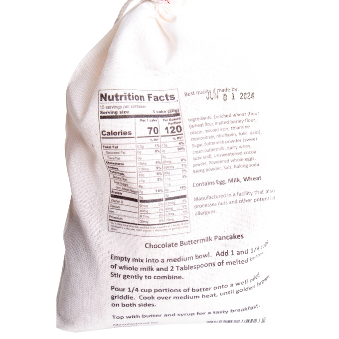 Natural fabric drawstring bag of Lehman’s handcrafted pancake mix in chocolate buttermilk flavor, featuring detailed nutrition facts and preparation instructions, ideal for Kitchen & Food, Pantry, Dry Goods and Mixes, Best Sellers, and Promo Eligible collections.