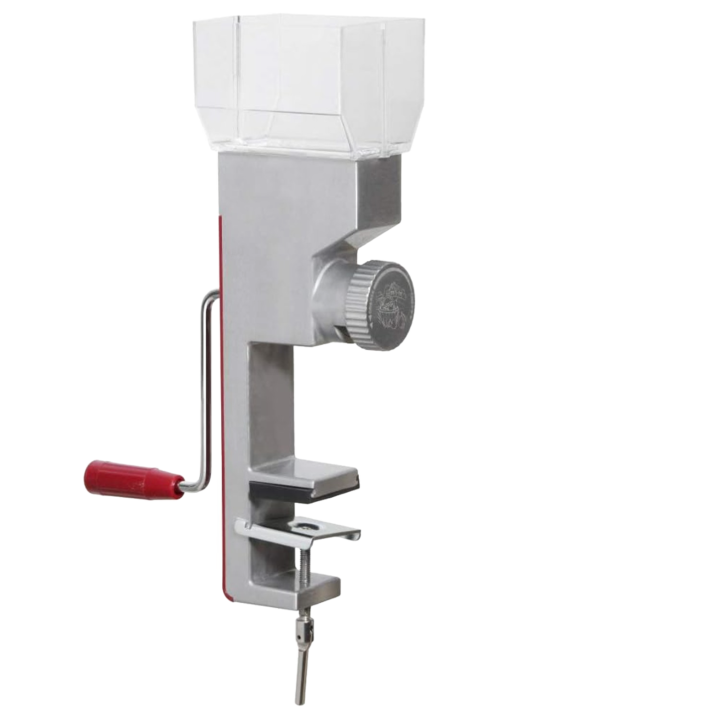 Handcrafted compact grain mill with stainless steel body, clear hopper, red wooden handle, and adjustable grind dial, designed for Kitchen & Food, Grain Mills, and Bread Making Supplies collections.