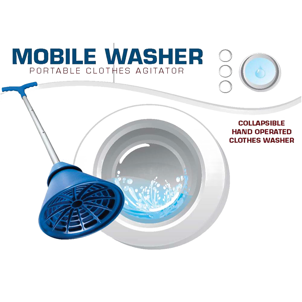 Blue collapsible hand-operated laundry washer plunger with ergonomic handle and water splash graphic, showcasing a portable and efficient washing tool for Home & Decor, Laundry Supplies, and Wash Day Accessories collections.