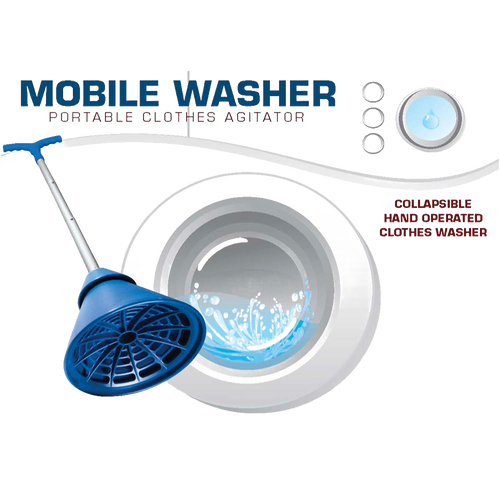 Blue collapsible hand-operated laundry washer plunger with ergonomic handle and water splash graphic, showcasing a portable and efficient washing tool for Home & Decor, Laundry Supplies, and Wash Day Accessories collections.