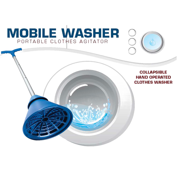 Blue collapsible hand-operated laundry washer plunger with ergonomic handle and water splash graphic, showcasing a portable and efficient washing tool for Home & Decor, Laundry Supplies, and Wash Day Accessories collections.