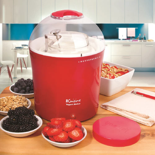 Red electric yogurt maker with clear dome lid and built-in thermometer, surrounded by bowls of fresh berries and granola on a kitchen counter, featured in Kitchen & Food and Specialty Equipment collections.