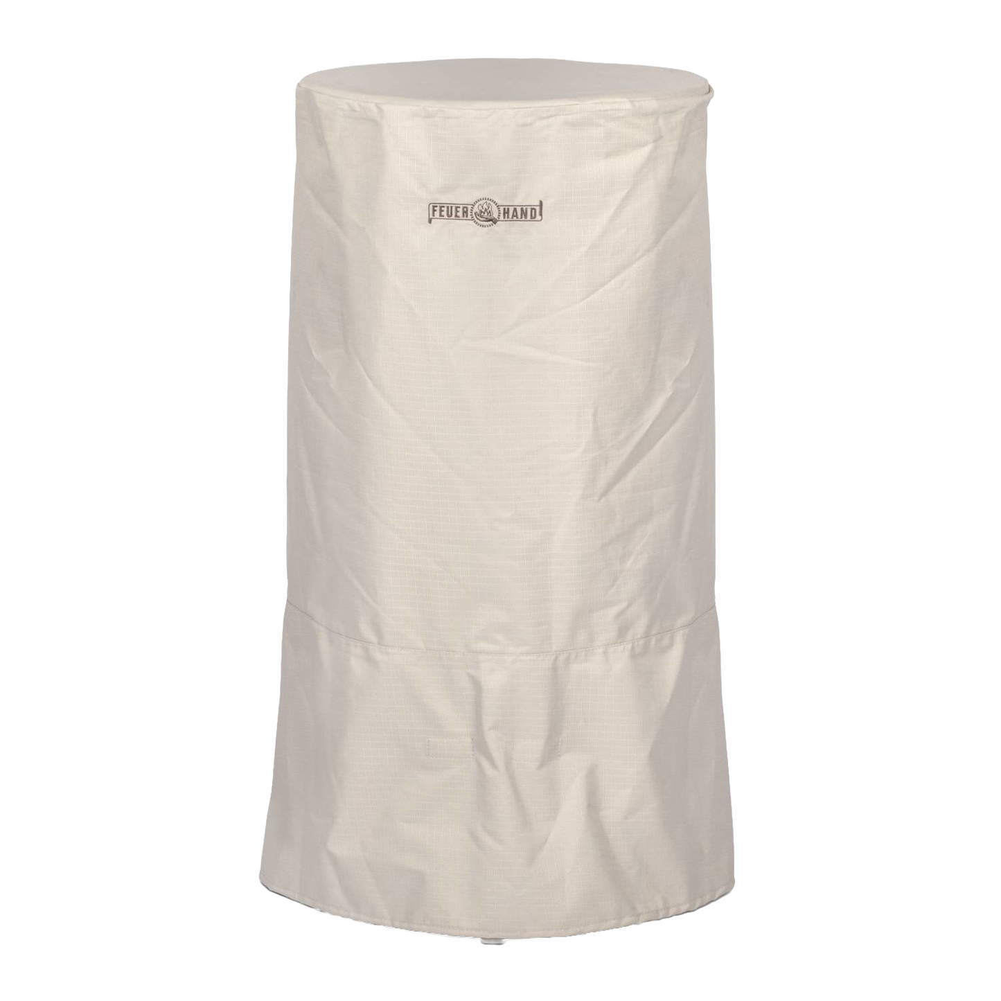 Light beige weather-resistant ripstop fabric cover with full-length zip and adjustable fasteners, designed for protecting outdoor fire barrels, featured in Farm, Garden & Tool, Camping, Best Sellers, and Promo Eligible collections.