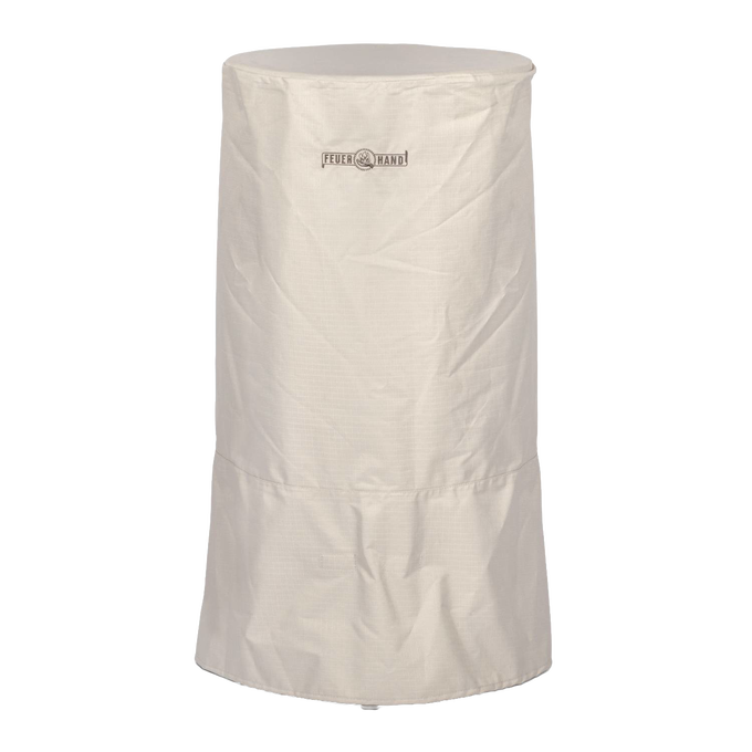 Light beige weather-resistant ripstop fabric cover with full-length zip and adjustable fasteners, designed for protecting outdoor fire barrels, featured in Farm, Garden & Tool, Camping, Best Sellers, and Promo Eligible collections.