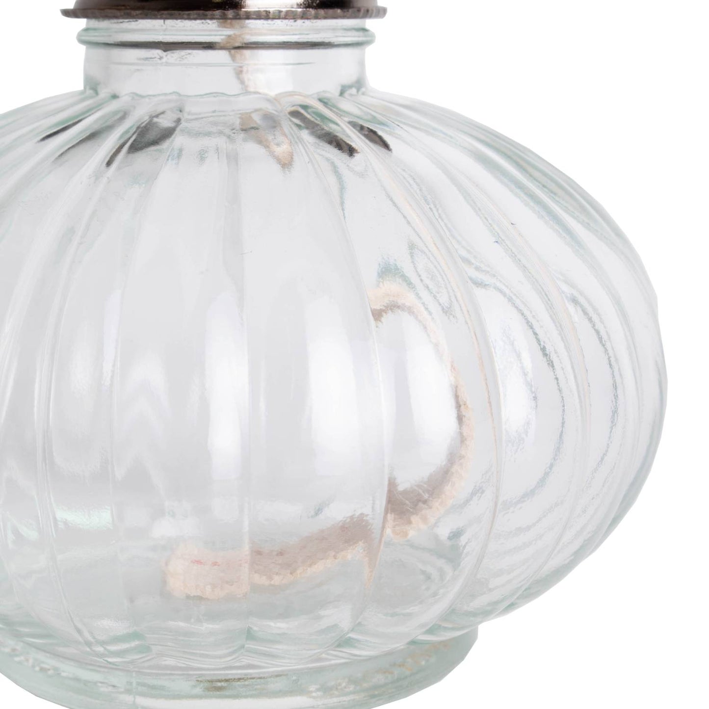 Clear glass oil lamp with an elliptical ribbed design and metal top, ideal for Farm, Garden & Tool and Lamps & Lighting collections, perfect for emergency or everyday use.