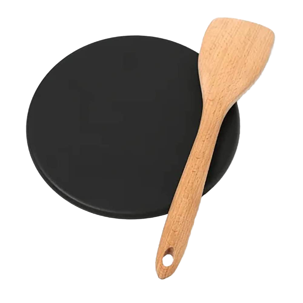 Handcrafted heat diffuser plate with smooth black surface paired with a wooden spatula, ideal for creating even cooking heat, perfect for Kitchen & Food, Kitchen Gadgets, and USA Made collections.