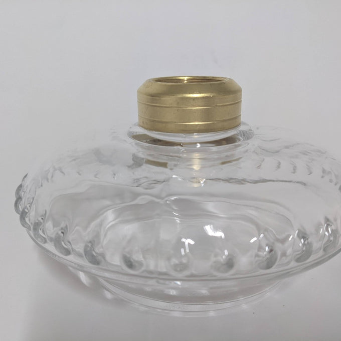 Clear glass oil lamp bracket font with a polished brass collar, featuring subtle decorative ridges, handcrafted for Lamps & Lighting, Oil Lamps, Wall Lamps, Best Sellers, and Promo Eligible collections.