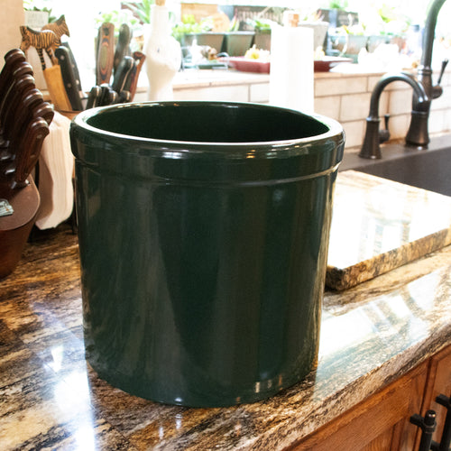Handcrafted 2-gallon stoneware crock in dark green with a smooth, lead-free, food-safe glaze, perfect for fermenting and food preservation in Kitchen & Food, USA Made, and Best Sellers collections.