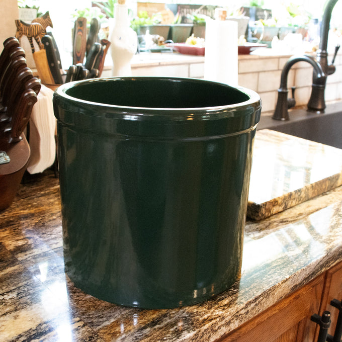 Handcrafted 2-gallon stoneware crock in dark green with a smooth, lead-free, food-safe glaze, perfect for fermenting and food preservation in Kitchen & Food, USA Made, and Best Sellers collections.
