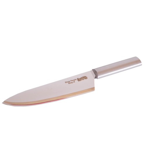 Stainless steel chef’s knife with a long, sharp blade and sleek metal handle, handcrafted in the USA, ideal for food prep in Kitchen Knives and Farm, Garden & Tool collections.