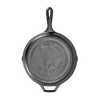 Top view of handcrafted cast iron skillet with embossed American flag and "Made in America" lettering, featured in Kitchen & Food, Cookware, Cast Iron, USA Made, and Best Sellers collections.