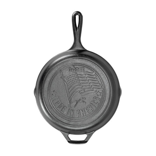 Top view of handcrafted cast iron skillet with embossed American flag and "Made in America" lettering, featured in Kitchen & Food, Cookware, Cast Iron, USA Made, and Best Sellers collections.