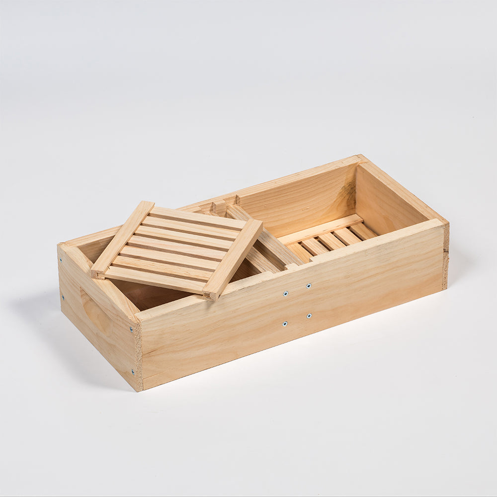 Handcrafted wooden nuc top feeder with two removable slatted reservoirs and wooden floats, designed for safe syrup feeding in beekeeping, made in USA, Amish made, suitable for Farm, Garden & Tool and Beekeeping Supplies collections.