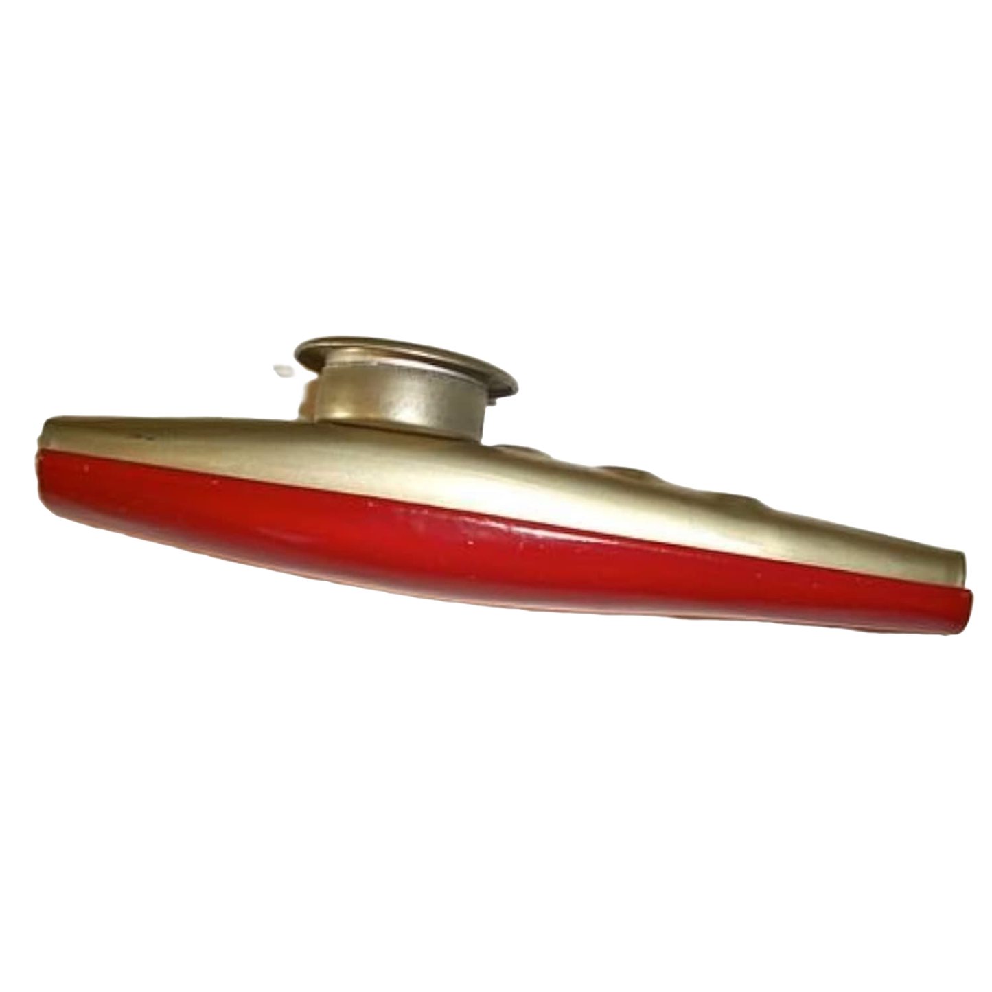Handcrafted metal kazoo with a smooth silver finish and red accents, designed for indoor play and musical fun, suitable for ages 10 and up, made in USA and featured in Toys & Games and USA Made collections.
